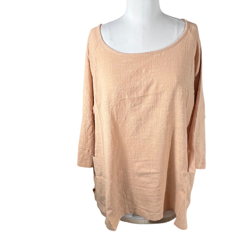 Zenana Women 1X Tan Cotton Tunic Top Pockets 3/4 Sleeve Oversized NWOT Lagenlook